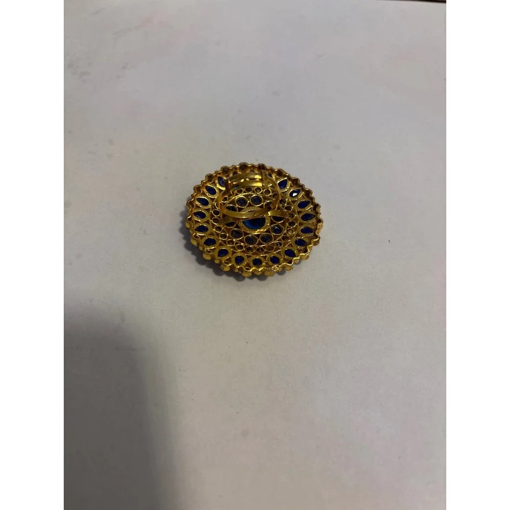 Gold Tone Round Statement Ring‎ Blue Crystal Rhinestone Adjustable